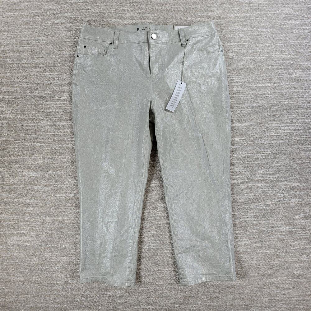 Chicos Platinum Girlfriend Coated Jeans Womens 10/M Silver Metallic Glitter New